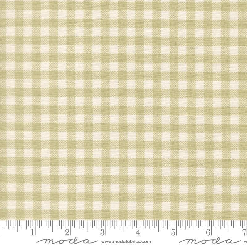 Image of MINKY Handmade Sweetness Quilt Checks Pear polyester fabric by My Sew Quilty Life for Moda Fabrics. Features gingham on a green background. Cute Little Fabric Shop.