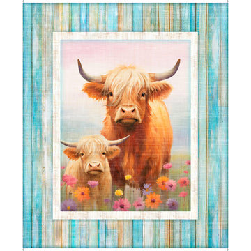 Udderly Adorable Highland Cow Panel Multi Blue - 32157 - QT Fabrics Quilting Cotton Fabric