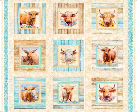 Udderly Adorable Highland Cow Picture Patches Panel Multi Beige Blue - 32158 - QT Fabrics Quilting Cotton Fabric