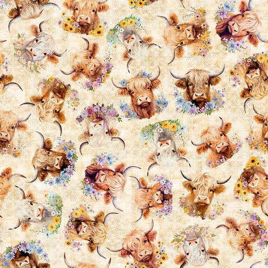 Image of Udderly Adorable Highland Cow With Floral Cream quilting cotton fabric by Morris Creative Group for QT Fabrics. Features cows on a cream background. Cute Little Fabric Shop.