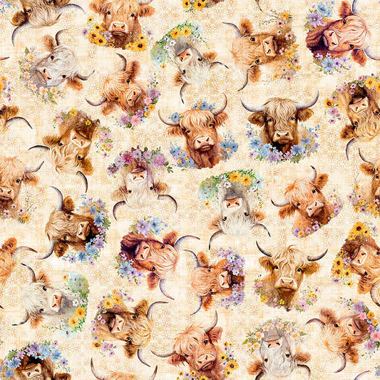 Image of Udderly Adorable Highland Cow With Floral Cream quilting cotton fabric by Morris Creative Group for QT Fabrics. Features cows on a cream background. Cute Little Fabric Shop.