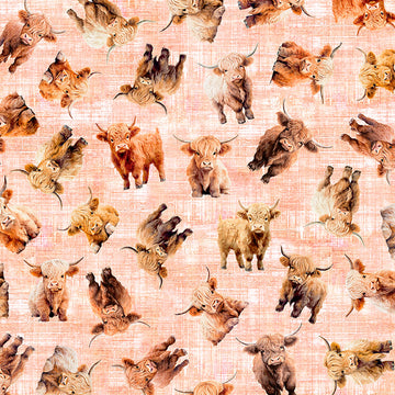 Image of Udderly Adorable Baby Cow Toss Light Salmon quilting cotton fabric by Morris Creative Group for QT Fabrics. Features cows on a pink background. Cute Little Fabric Shop.