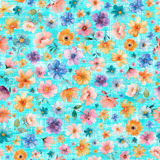 Image of Udderly Adorable Floral Toss Light Turquoise quilting cotton fabric by Morris Creative Group for QT Fabrics. Features flowers on a blue background. Cute Little Fabric Shop.
