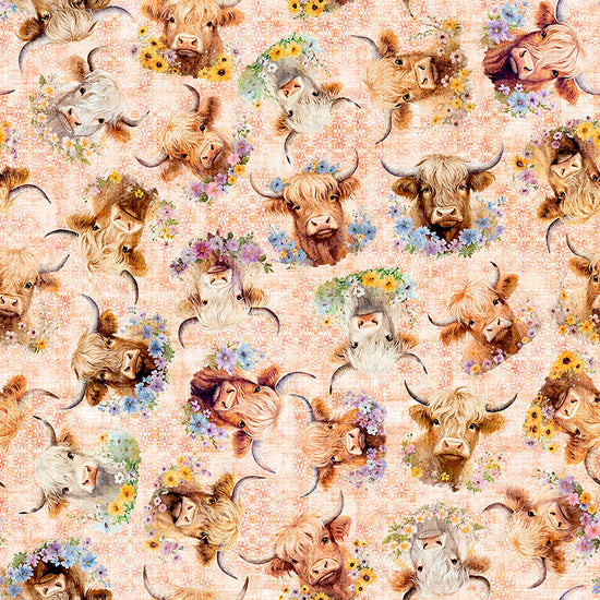 Image of Udderly Adorable Highland Cow With Floral Light Salmon quilting cotton fabric by Morris Creative Group for QT Fabrics. Features cows on a pink background. Cute Little Fabric Shop.