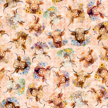 Image of Udderly Adorable Highland Cow With Floral Light Salmon quilting cotton fabric by Morris Creative Group for QT Fabrics. Features cows on a pink background. Cute Little Fabric Shop.