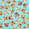 Image of Udderly Adorable Highland Cow With Floral Light Turquoise quilting cotton fabric by Morris Creative Group for QT Fabrics. Features cows on a blue background. Cute Little Fabric Shop.