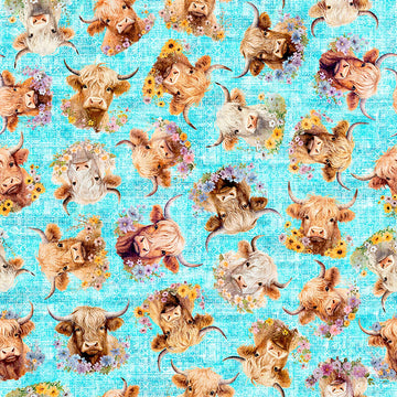 Image of Udderly Adorable Highland Cow With Floral Light Turquoise quilting cotton fabric by Morris Creative Group for QT Fabrics. Features cows on a blue background. Cute Little Fabric Shop.