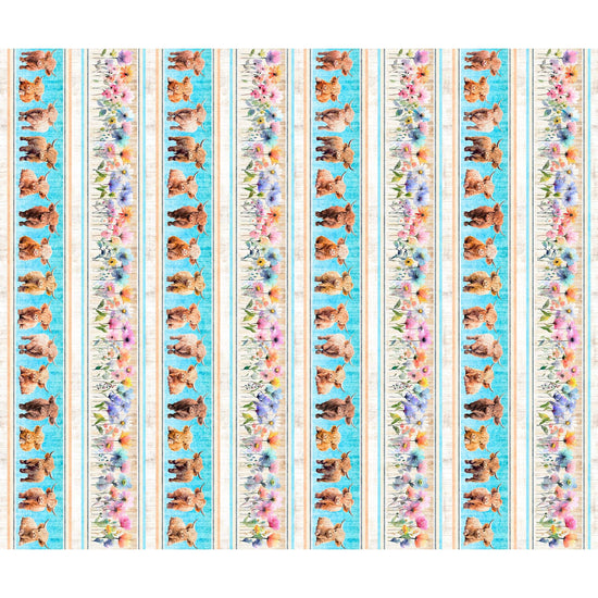 Image of Udderly Adorable Cow & Floral Border Stripe Multi quilting cotton fabric by Morris Creative Group for QT Fabrics. Features cows and flowers on a blue and cream background. Cute Little Fabric Shop.