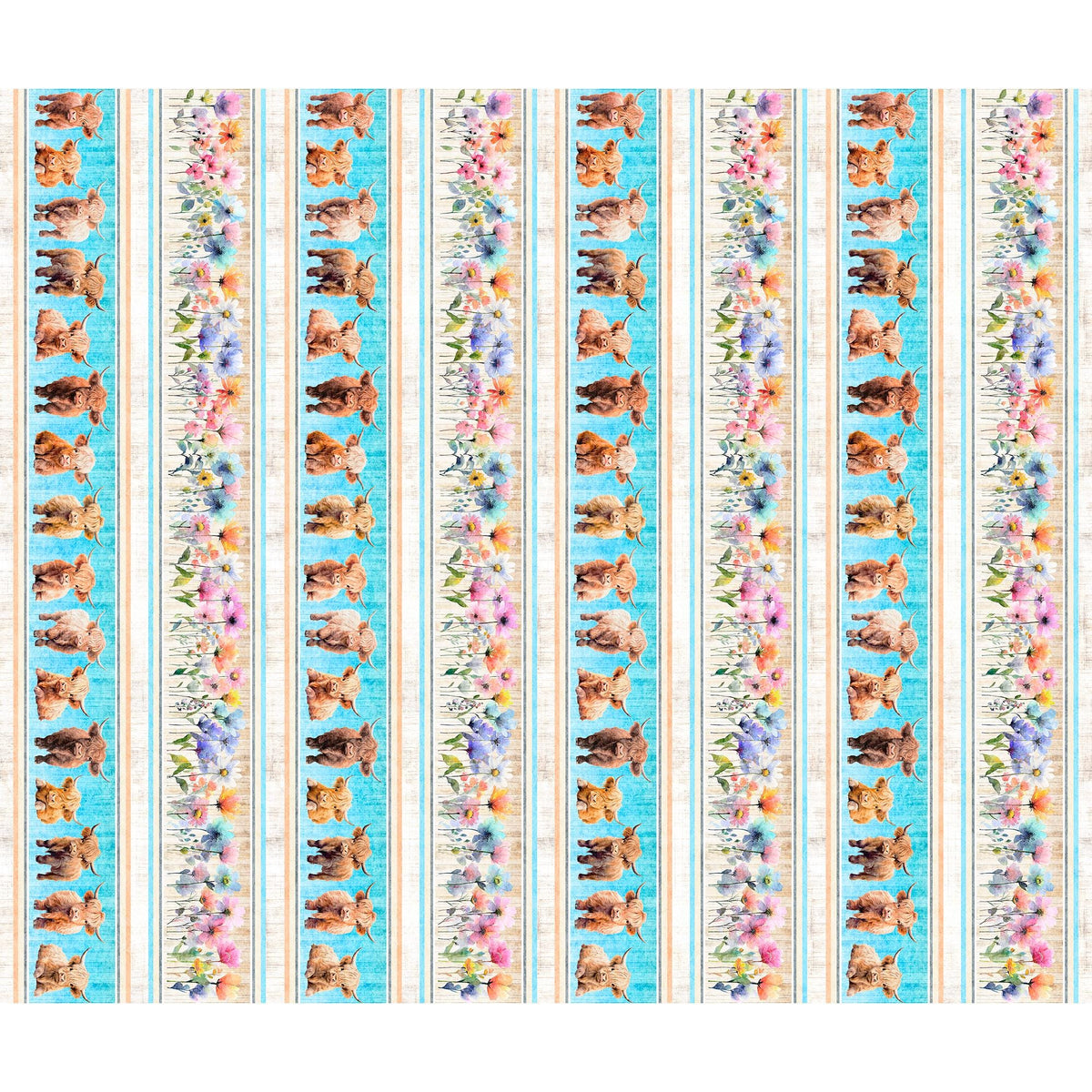 Image of Udderly Adorable Cow & Floral Border Stripe Multi quilting cotton fabric by Morris Creative Group for QT Fabrics. Features cows and flowers on a blue and cream background. Cute Little Fabric Shop.
