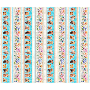 Image of Udderly Adorable Cow & Floral Border Stripe Multi quilting cotton fabric by Morris Creative Group for QT Fabrics. Features cows and flowers on a blue and cream background. Cute Little Fabric Shop.