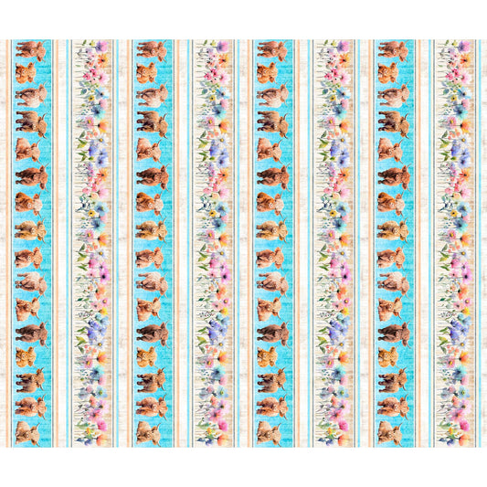 Image of Udderly Adorable Cow & Floral Border Stripe Multi quilting cotton fabric by Morris Creative Group for QT Fabrics. Features cows and flowers on a blue and cream background. Cute Little Fabric Shop.