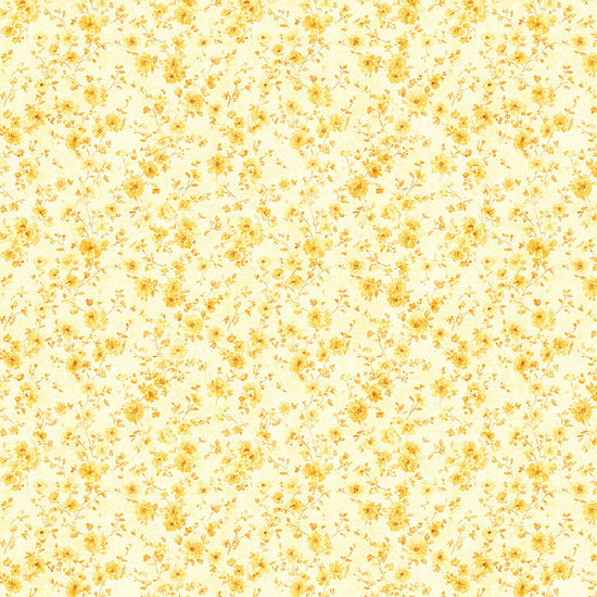 Image of Udderly Adorable Ditsy Floral Corn quilting cotton fabric by Morris Creative Group for QT Fabrics. Features flowers on a yellow background. Cute Little Fabric Shop.