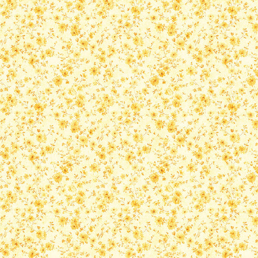 Image of Udderly Adorable Ditsy Floral Corn quilting cotton fabric by Morris Creative Group for QT Fabrics. Features flowers on a yellow background. Cute Little Fabric Shop.