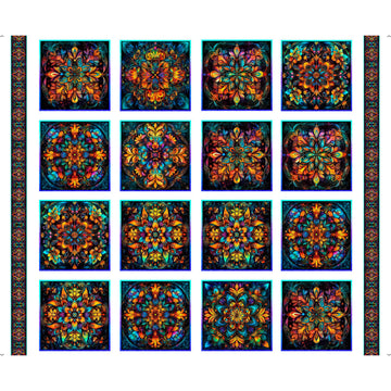 Flight of the Hummingbird Stained Glass Picture Patches Panel Multi Blue Floral Fabric - 32192 - QT Fabrics Quilting Cotton Fabric