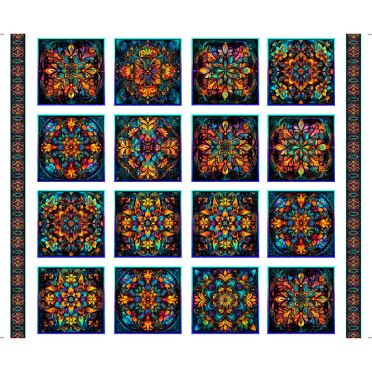 Flight of the Hummingbird Stained Glass Picture Patches Panel Multi Blue Floral Fabric - 32192 - QT Fabrics Quilting Cotton Fabric