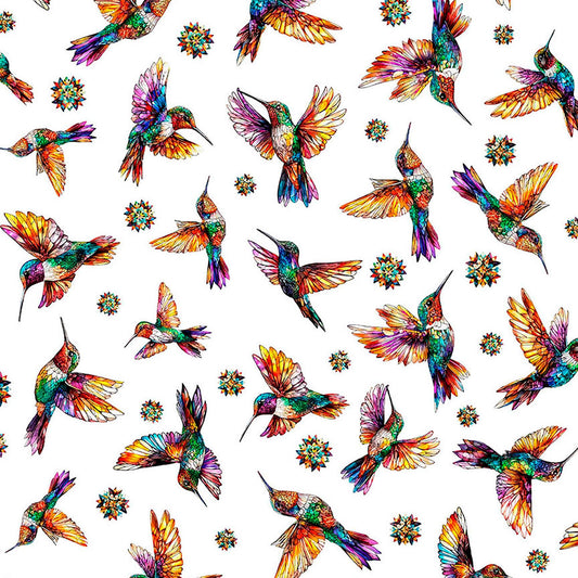 Image of Flight of the Hummingbird Hummingbirds White quilting cotton fabric by Morris Creative Group for QT Fabrics. Features hummingbirds on a white background. Cute Little Fabric Shop.