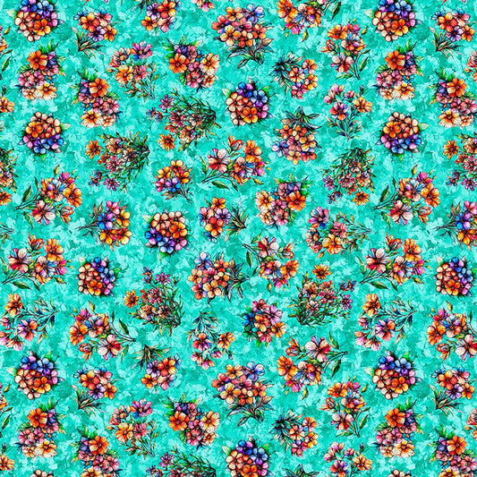 Image of Flight of the Hummingbird Floral Bouquets Turquoise quilting cotton fabric by Morris Creative Group for QT Fabrics. Features flowers on a blue background. Cute Little Fabric Shop.