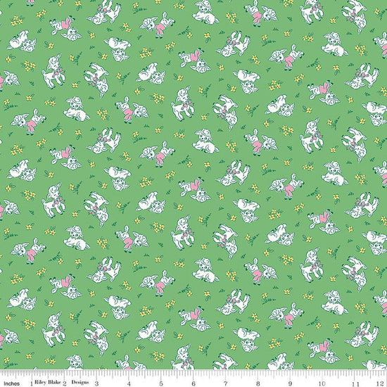 Image of Traditional 30's Lambs Green quilting cotton fabric by Lindsay Wilkes for Riley Blake Designs. Features sheep on a green background. Cute Little Fabric Shop.