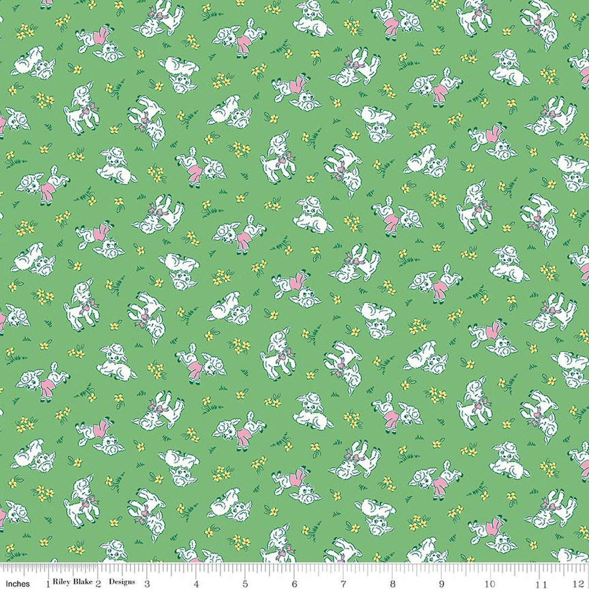 Image of Traditional 30's Lambs Green quilting cotton fabric by Lindsay Wilkes for Riley Blake Designs. Features sheep on a green background. Cute Little Fabric Shop.