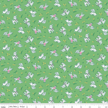 Image of Traditional 30's Lambs Green quilting cotton fabric by Lindsay Wilkes for Riley Blake Designs. Features sheep on a green background. Cute Little Fabric Shop.