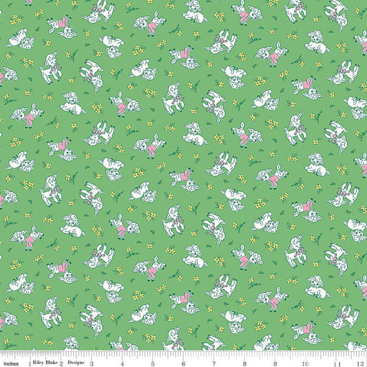 Image of Traditional 30's Lambs Green quilting cotton fabric by Lindsay Wilkes for Riley Blake Designs. Features sheep on a green background. Cute Little Fabric Shop.