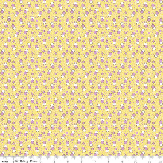 Image of Traditional 30's Dots Yellow quilting cotton fabric by Lindsay Wilkes for Riley Blake Designs. Features polka dots on a yellow background. Cute Little Fabric Shop.