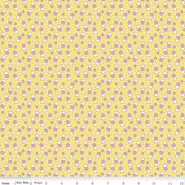 Image of Traditional 30's Dots Yellow quilting cotton fabric by Lindsay Wilkes for Riley Blake Designs. Features polka dots on a yellow background. Cute Little Fabric Shop.