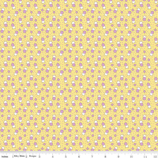 Image of Traditional 30's Dots Yellow quilting cotton fabric by Lindsay Wilkes for Riley Blake Designs. Features polka dots on a yellow background. Cute Little Fabric Shop.