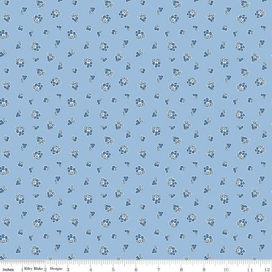 Image of Traditional 30's Berries Blue quilting cotton fabric by Lindsay Wilkes for Riley Blake Designs. Features berries on a blue background. Cute Little Fabric Shop.