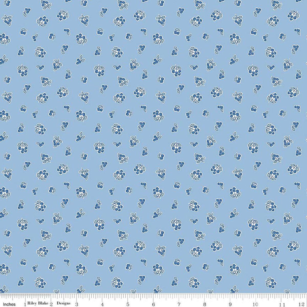Image of Traditional 30's Berries Blue quilting cotton fabric by Lindsay Wilkes for Riley Blake Designs. Features berries on a blue background. Cute Little Fabric Shop.