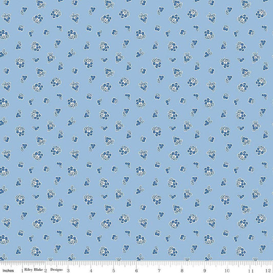 Image of Traditional 30's Berries Blue quilting cotton fabric by Lindsay Wilkes for Riley Blake Designs. Features berries on a blue background. Cute Little Fabric Shop.
