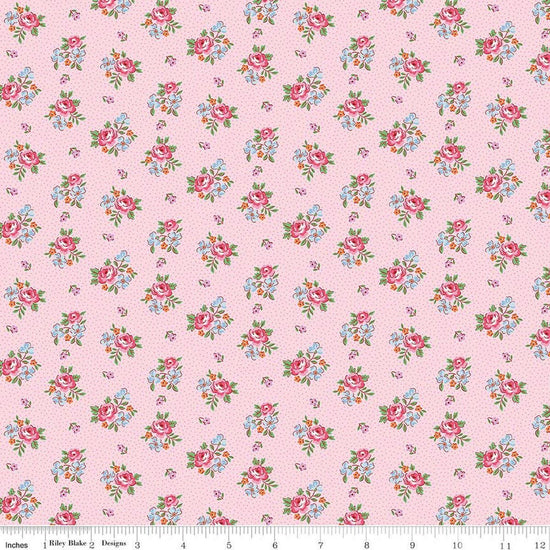 Image of Traditional 30's Scattered Floral Pink quilting cotton fabric by Lindsay Wilkes for Riley Blake Designs. Features flowers on a pink background. Cute Little Fabric Shop.