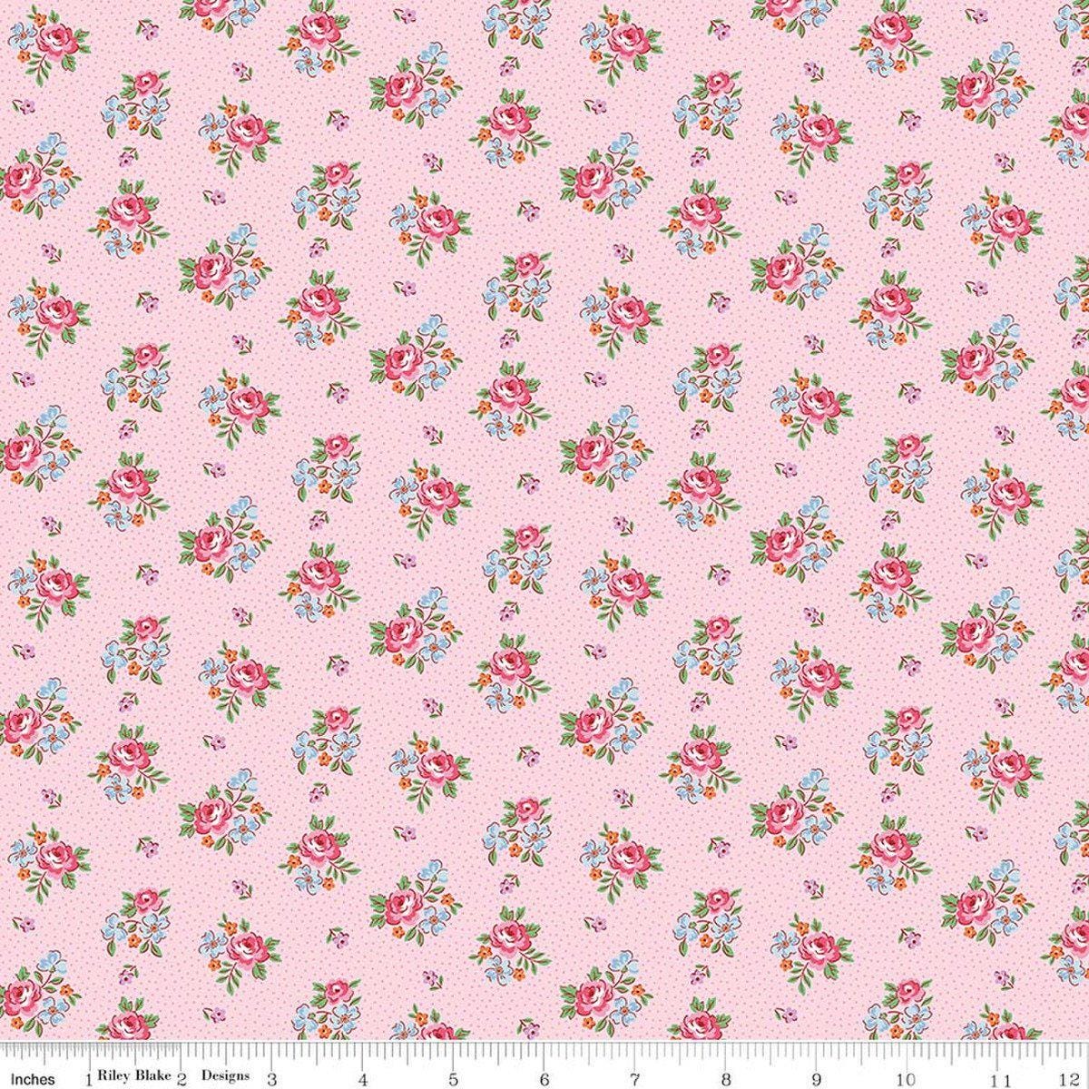 Image of Traditional 30's Scattered Floral Pink quilting cotton fabric by Lindsay Wilkes for Riley Blake Designs. Features flowers on a pink background. Cute Little Fabric Shop.