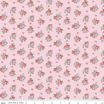 Image of Traditional 30's Scattered Floral Pink quilting cotton fabric by Lindsay Wilkes for Riley Blake Designs. Features flowers on a pink background. Cute Little Fabric Shop.