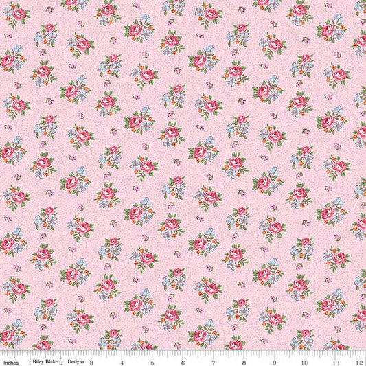 Image of Traditional 30's Scattered Floral Pink quilting cotton fabric by Lindsay Wilkes for Riley Blake Designs. Features flowers on a pink background. Cute Little Fabric Shop.