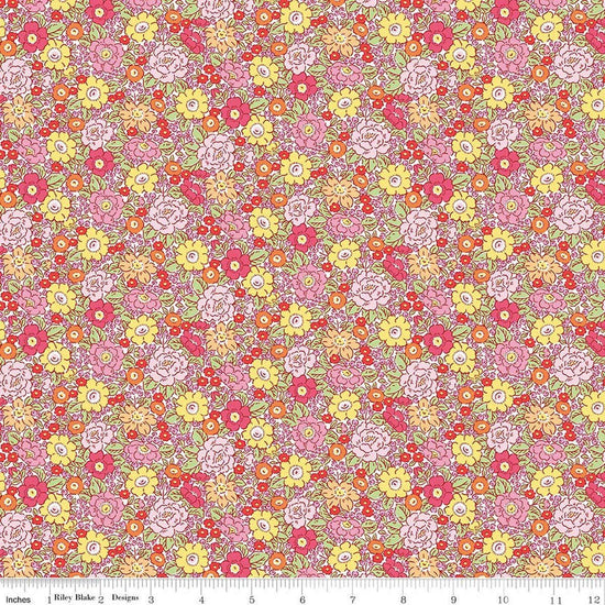 Image of Traditional 30's Floral Pink quilting cotton fabric by Lindsay Wilkes for Riley Blake Designs. Features flowers on a pink background. Cute Little Fabric Shop.