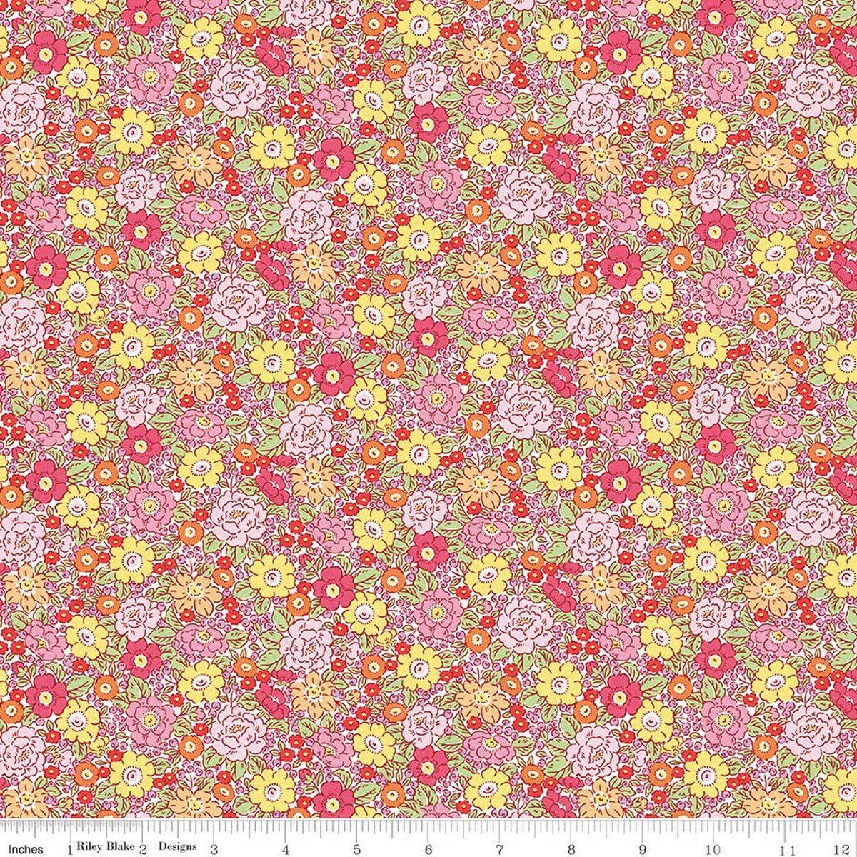 Image of Traditional 30's Floral Pink quilting cotton fabric by Lindsay Wilkes for Riley Blake Designs. Features flowers on a pink background. Cute Little Fabric Shop.