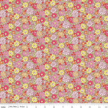 Image of Traditional 30's Floral Pink quilting cotton fabric by Lindsay Wilkes for Riley Blake Designs. Features flowers on a pink background. Cute Little Fabric Shop.