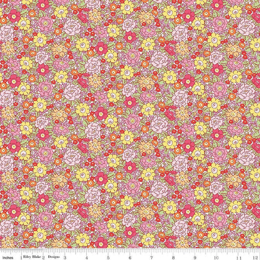 Image of Traditional 30's Floral Pink quilting cotton fabric by Lindsay Wilkes for Riley Blake Designs. Features flowers on a pink background. Cute Little Fabric Shop.