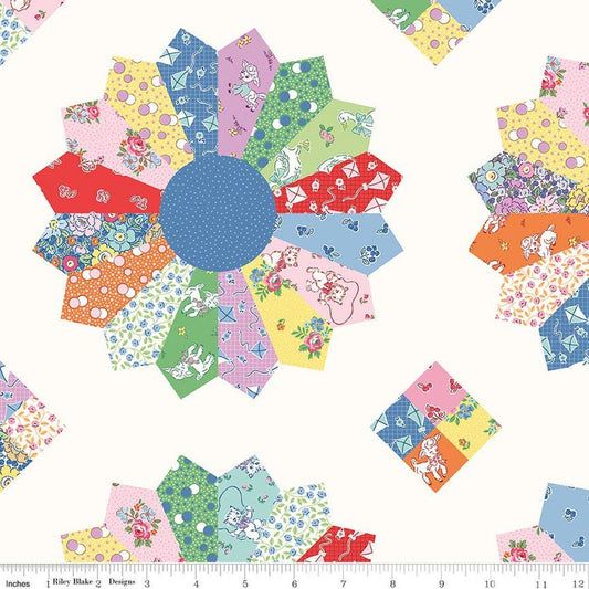 Image of Traditional 30's Cheater Print Multi quilting cotton fabric by Lindsay Wilkes for Riley Blake Designs. Features printed quilt blocks on a white background. Cute Little Fabric Shop.