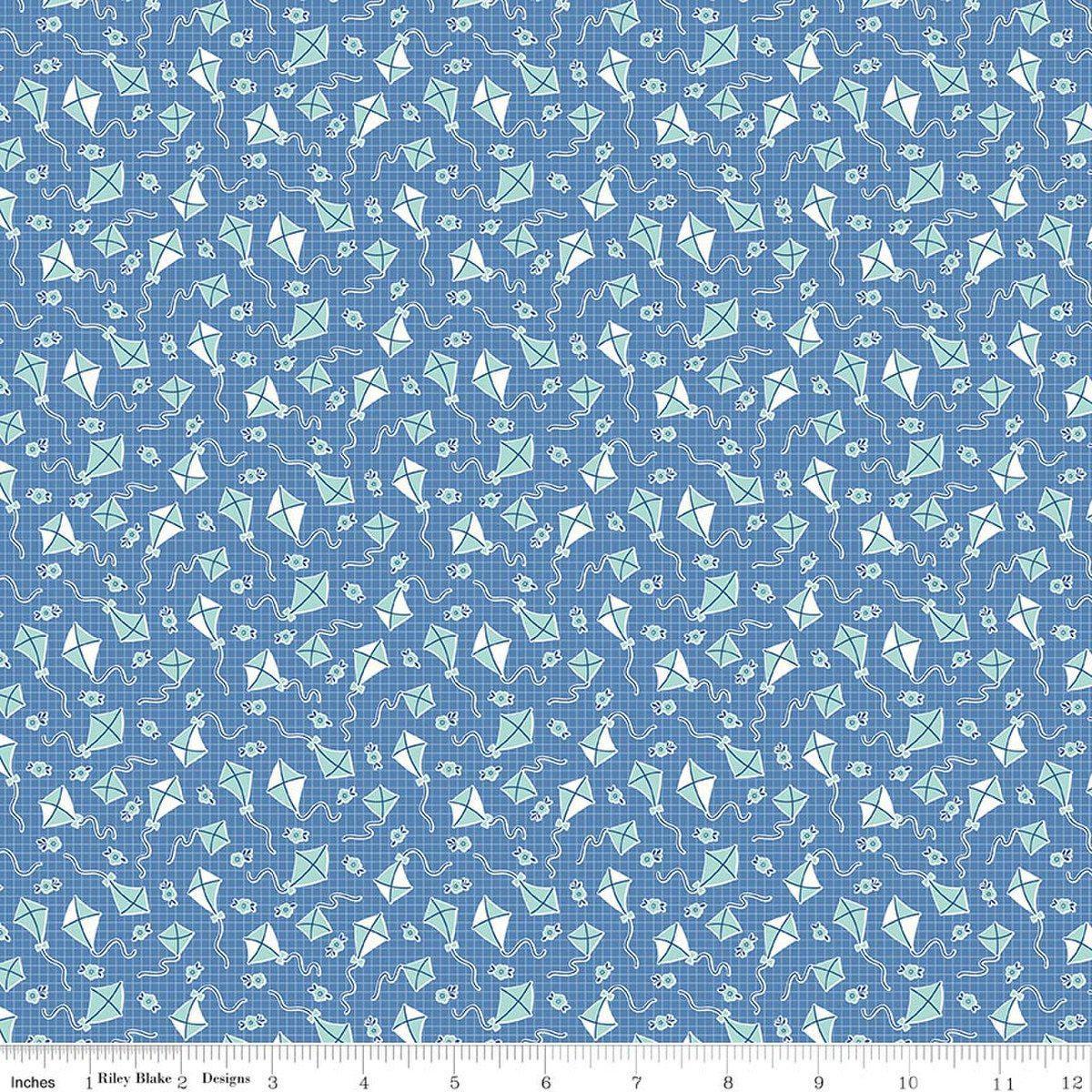 Image of Traditional 30's Kites Blue quilting cotton fabric by Lindsay Wilkes for Riley Blake Designs. Features kites on a blue background. Cute Little Fabric Shop.