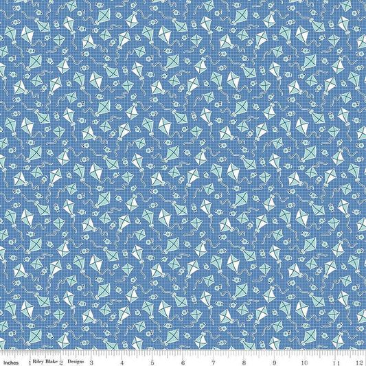 Image of Traditional 30's Kites Blue quilting cotton fabric by Lindsay Wilkes for Riley Blake Designs. Features kites on a blue background. Cute Little Fabric Shop.