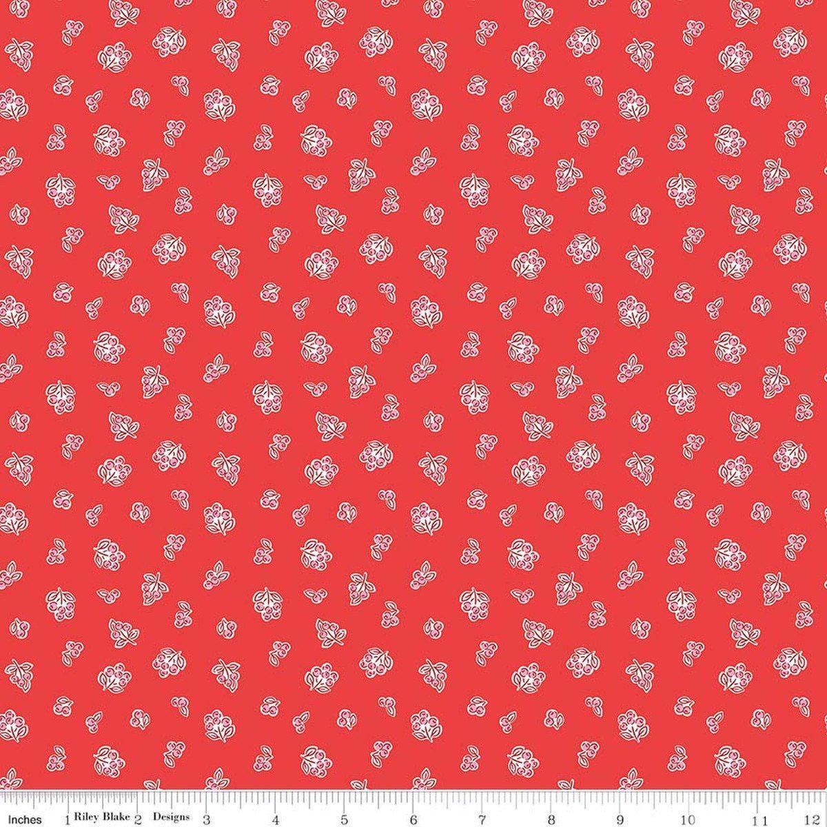 Image of Traditional 30's Berries Red quilting cotton fabric by Lindsay Wilkes for Riley Blake Designs. Features berries on a red background. Cute Little Fabric Shop.