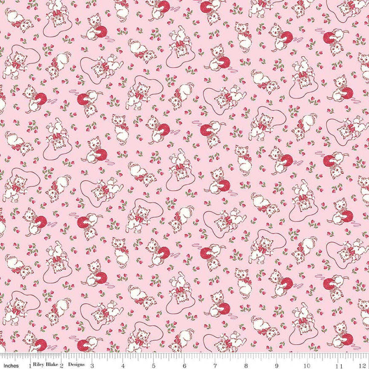 Image of Traditional 30's Kittens Pink quilting cotton fabric by Lindsay Wilkes for Riley Blake Designs. Features cats on a pink background. Cute Little Fabric Shop.
