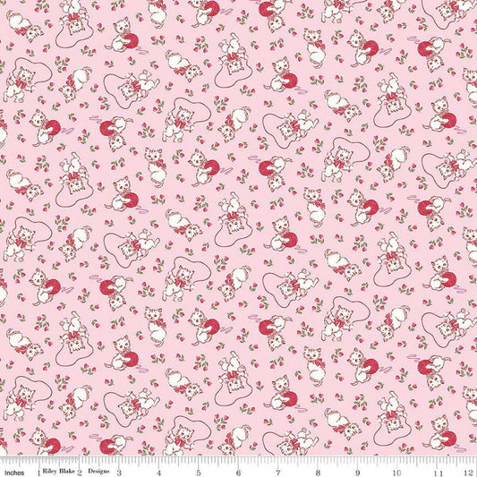 Image of Traditional 30's Kittens Pink quilting cotton fabric by Lindsay Wilkes for Riley Blake Designs. Features cats on a pink background. Cute Little Fabric Shop.