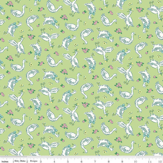 Image of Traditional 30's Geese Green quilting cotton fabric by Lindsay Wilkes for Riley Blake Designs. Features birds on a green background. Cute Little Fabric Shop.