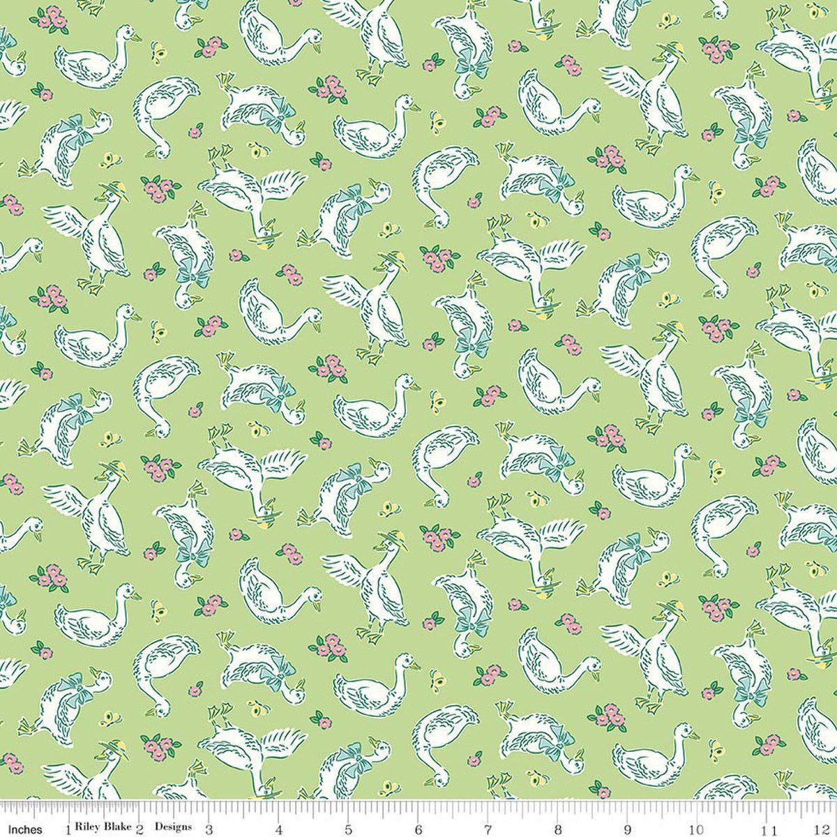 Image of Traditional 30's Geese Green quilting cotton fabric by Lindsay Wilkes for Riley Blake Designs. Features birds on a green background. Cute Little Fabric Shop.