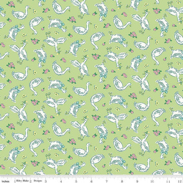 Image of Traditional 30's Geese Green quilting cotton fabric by Lindsay Wilkes for Riley Blake Designs. Features birds on a green background. Cute Little Fabric Shop.