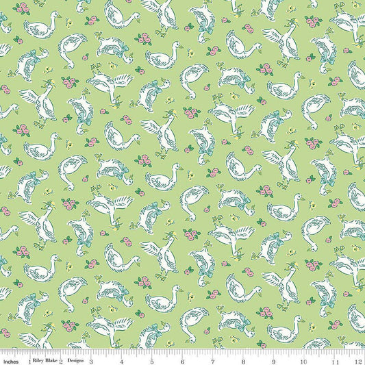 Image of Traditional 30's Geese Green quilting cotton fabric by Lindsay Wilkes for Riley Blake Designs. Features birds on a green background. Cute Little Fabric Shop.