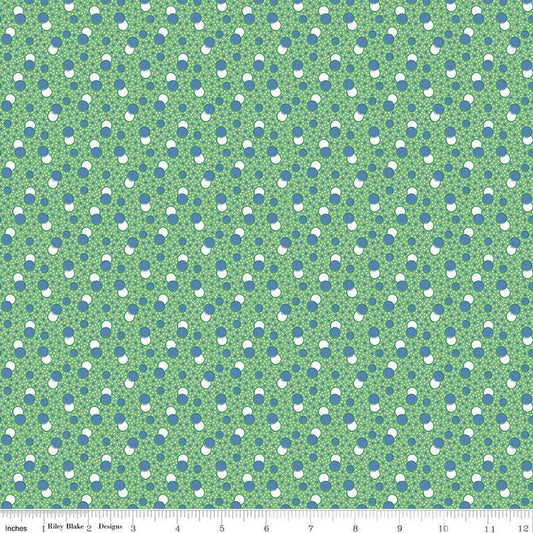 Image of Traditional 30's Dots Green quilting cotton fabric by Lindsay Wilkes for Riley Blake Designs. Features polka dots on a green background. Cute Little Fabric Shop.